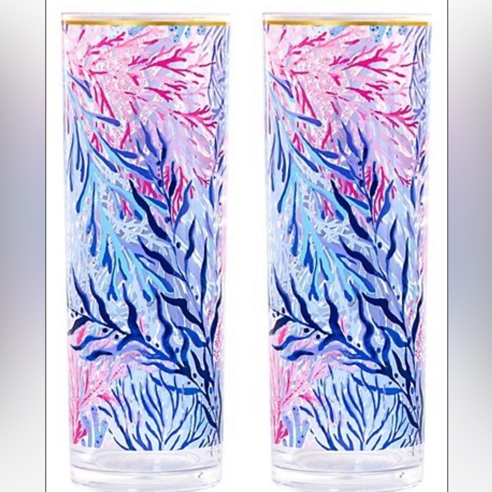 LILLY PULITZER Set of 2 Highball Glasses Kaleidoscope Coral Acrylic Coastal NWT